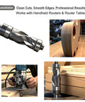 Compression Top And Bottom Bearing Flush Trim Router Bit With One Quarter Inch Shank, One Half Inch Cutting Diameter, in use.