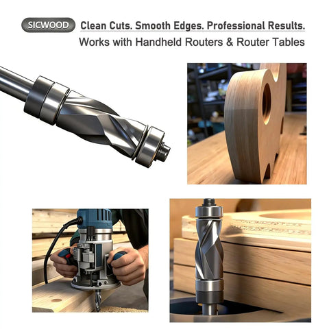 Compression Top And Bottom Bearing Flush Trim Router Bit With One Quarter Inch Shank, One Half Inch Cutting Diameter, in use.