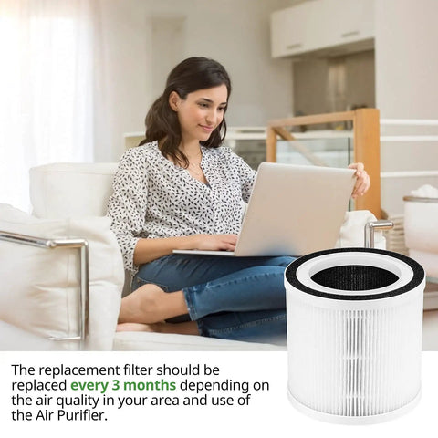 Woman using laptop next to 2 Pack Replacement Filter For TCL A1 And A1W Air Purifiers With 3-In-1 HEPA Filtration System.