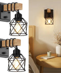 Badass Dimmable Wall Sconces Set Of Two With Rotary Switch And Black Metal Cage With Wooden Post Featuring Hardwired Farmhouse Wall Lamps For Your Great Home Glow, displaying black cage and wood base.