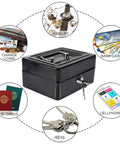 Compact Lock Box For Cash And Jewelry Storage, Lockable Small Black Safe With Key For Home And Office Security, Six Compartment Design Keeps Coins, Cash And Small Items Neatly Organized, Portable And Travel Ready