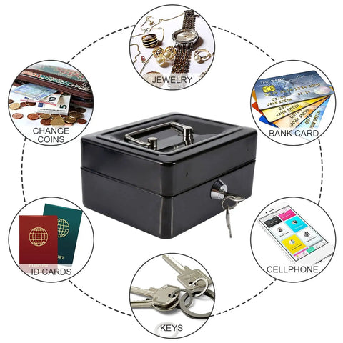 Compact Lock Box For Cash And Jewelry Storage, Lockable Small Black Safe With Key For Home And Office Security, Six Compartment Design Keeps Coins, Cash And Small Items Neatly Organized, Portable And Travel Ready