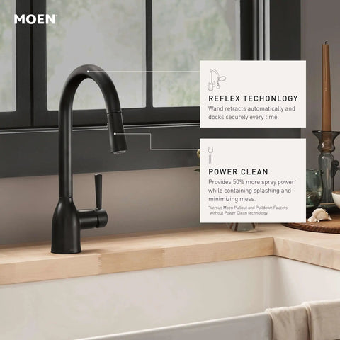 Adler Spot Resist Stainless One-Handle High Arc Pulldown Kitchen Faucet With Power Clean Spray Technology And Reflex Docking featured in modern kitchen setting.