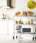 Three Tier Storage Shelves On Casters Heavy Duty Chrome Metal Shelving With Locking Wheels, Rust Resistant Garage Organizer For Home, Workshop Or Laundry, Mobile Shelving Rack in kitchen