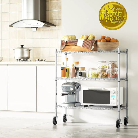 Three Tier Storage Shelves On Casters Heavy Duty Chrome Metal Shelving With Locking Wheels, Rust Resistant Garage Organizer For Home, Workshop Or Laundry, Mobile Shelving Rack in kitchen