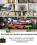 Heavy Duty 125 Piece Picture Hanging Kit With Tough Nails And Wall Anchors For Drywall And Wood Surfaces Handles Big Canvas Loads Like A Champ Every Single Time stored in a green toolbox with assorted tools.