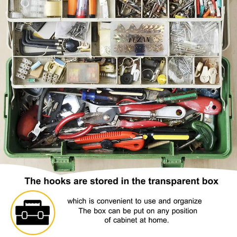 Heavy Duty 125 Piece Picture Hanging Kit With Tough Nails And Wall Anchors For Drywall And Wood Surfaces Handles Big Canvas Loads Like A Champ Every Single Time stored in a green toolbox with assorted tools.
