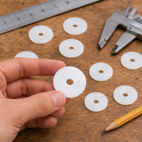 30 Piece Backyard Boss Nylon Flat Washers 1 1/4 Outer Diameter By 1 16 Inch Thick White Bulk Pack held in hand with measuring tools.