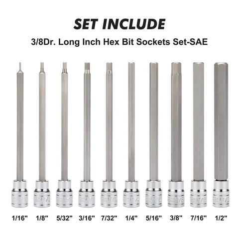 10 Piece Three Eighth Inch Drive Long Hex Bit Socket Set SAE From One Sixteenth To One Half Inch Extra Long Allen Sockets Built From S2 Steel And CR-V For Heavy Duty Torque Pro Grade Gear For Pros And DIY Projects set displayed