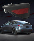 Slick Black And Red Charge Port Door Replacement For 2017 To 2023 Tesla Model 3 And 2020 To 2023 Model Y, shown on vehicle.