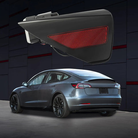 Slick Black And Red Charge Port Door Replacement For 2017 To 2023 Tesla Model 3 And 2020 To 2023 Model Y, shown on vehicle.