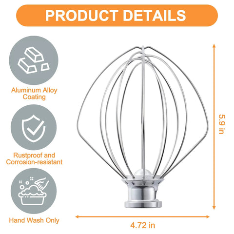 Wire Whip For Tilt Head Stand Mixer Accessory Replacement Egg Cream Stirrer Great For Whipping Egg Whites And Cream Cakes And Mayonnaise Pro Grade Stainless Steel Kitchen Tool, 5.9 x 4.72 inches, with aluminum alloy coating, rustproof and corrosion-resistant