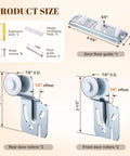 Sliding Closet Door Hardware Kit With Adjustable Floor Guide And Heightening Pads, showing rollers, guide, and dimensions.