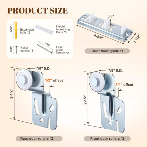 Sliding Closet Door Hardware Kit With Adjustable Floor Guide And Heightening Pads, showing rollers, guide, and dimensions.