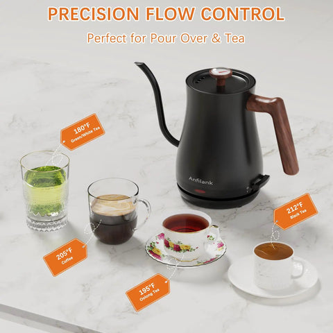 Gooseneck Electric Kettle With Built In Thermometer 0.8L 1200W Fast Heat For Coffee And Tea Precision Pour No Fuss Auto Shut Off Dry Boil Protection Stainless Steel displayed on a countertop with various hot beverages.