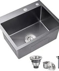 24 Inch Drop In Kitchen Sink Built From Pro Grade 304 Stainless Steel With 9 Inch Deep Single Bowl Top Mount Design Two Hole Faucet And Drain Assembly Included Black Finish