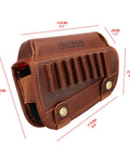 Genuine Leather Buttstock Cheek Rest with Rifle Shell Holder, brown, dimensions labeled, showcases ammo slots and buckle details.