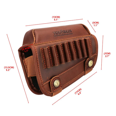 Genuine Leather Buttstock Cheek Rest with Rifle Shell Holder, brown, dimensions labeled, showcases ammo slots and buckle details.