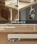 Close-up of Electric Standing Desk With Two Drawers Sit To Stand Height Adjustable Computer Desk With Storage Shelf 47 By 24 Inch Oak Finish detailing hooks and adjustable feet.