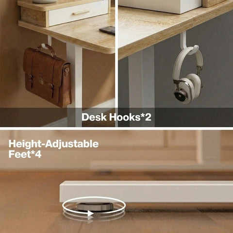 Close-up of Electric Standing Desk With Two Drawers Sit To Stand Height Adjustable Computer Desk With Storage Shelf 47 By 24 Inch Oak Finish detailing hooks and adjustable feet.
