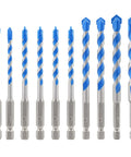 BRSCHNITT concrete drill bit set, 12-piece, front view, blue-coated spiral flutes and hex shanks.
