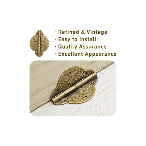 Antique Brass Mini Hinges Pair Of Two With Matching Screws For Cabinets Drawers And Jewelry Boxes Vintage Embossed Finish installed on wood
