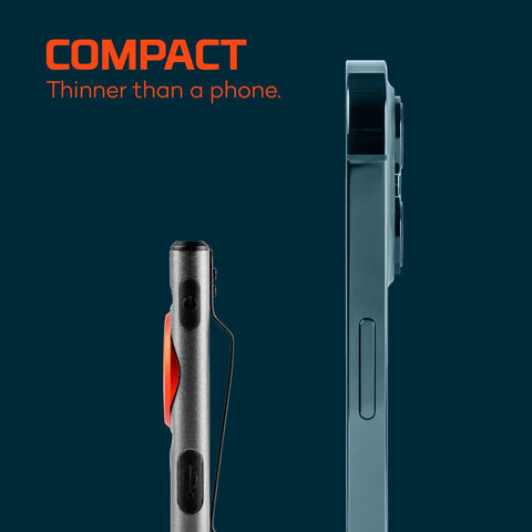 Comparison of Slim Mini Rechargeable Pocket Light For EDC And Emergencies, 250 Lumens, and a smartphone, showing compact design
