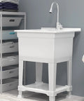 Freestanding Utility Tub Sink With Quick Connect Drain 24x24 white portable compact sink with pullout faucet in a laundry room.