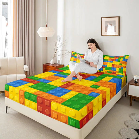 Twin Size Building Blocks Bed Sheet Set For Kids Kid Friendly Cozy Soft Breathable 3 Piece Bedding With Fitted Sheet Flat Sheet And Pillowcase Great For Nursery And Bedroom on twin bed
