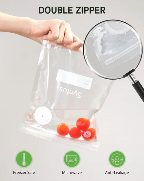 Hand holding 60 Piece Vacuum Sealer Bags Set For Food Storage In Three Sizes 8x10, 10x13.8, And 11.8x13.8 Inches BPA Free Microwave Safe