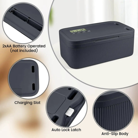 Heavy Duty Timed Lock Box That Slaps Your Phone Up for 30 Days Max Phone Jail showing battery slot, anti-slip body, and auto lock latch.