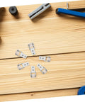 6 Pack Rock Solid Sliding Door Rollers With Galvanized Nylon Tracks For Cabinets And Furniture visible metal slider hardware on wooden surface.