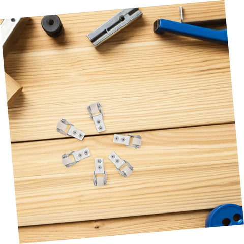 6 Pack Rock Solid Sliding Door Rollers With Galvanized Nylon Tracks For Cabinets And Furniture visible metal slider hardware on wooden surface.