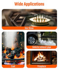 Illustrated uses for Portable Carbon Monoxide Detector With Audible And Visual Alarm And Backlit LCD For Home Car Camping And Travel Zero To Five Thousand PPM Includes Batteries And Carrying Case Orange, featuring gas stove, vehicle exhaust pipe, coal, and fireplace.