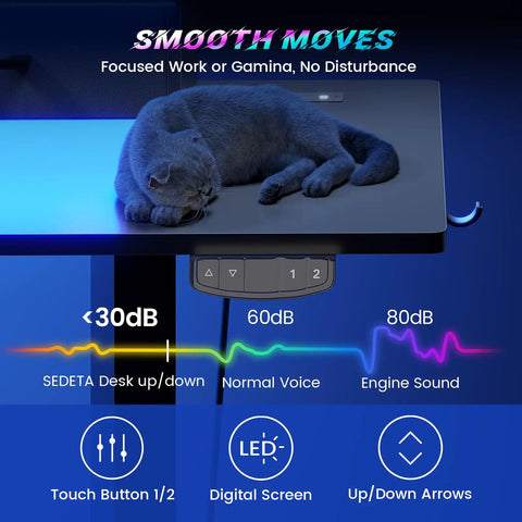 Cat on 79 Inch Electric Standing Gaming Desk With Drawers And LED Lights Height Adjustable Computer Desk, showing controls