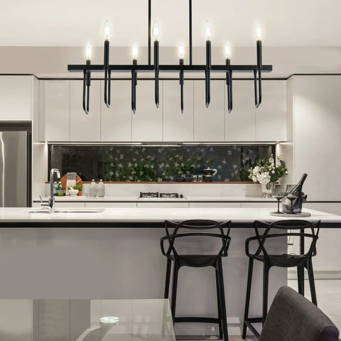 8 Light Black Rectangular Farmhouse Chandelier For Dining Room And Kitchen Island Modern Linear Pendant Light Over Table