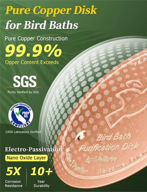 Copper Disc Bird Bath Cleaner For Outdoor Water Fountains And Bowls, showcasing 99.9% pure copper disk for bird baths.
