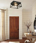 Room with Two Light Flush Mount Ceiling Light Fixture In Matte Black With Open Cage Metal Frame, Modern Industrial Style