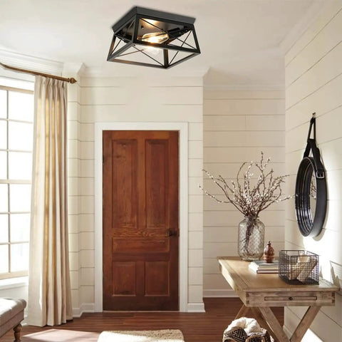 Room with Two Light Flush Mount Ceiling Light Fixture In Matte Black With Open Cage Metal Frame, Modern Industrial Style