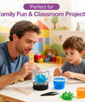 Father and son use Light Up Crystal Growing Kit for Kids With LED Night Light Base Grow Six Vibrant Crystals In Five To Seven Days STEM DIY