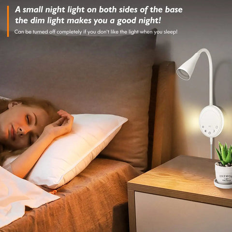 Total Game Changer Led Wall Mount Reading Lamp With Touch Panel And Five Dimmer Settings For Peak Cozy Vibes Includes Usb Charge Port Smart Night Timer And Flexible Gooseneck Design In Clean White next to a sleeping person.