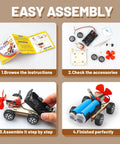 Step-by-step assembly guide for Wind Powered Cars Kit For Kids Ages 8 To 12, Six Wood Building Crafts Cars Set shown in four stages.