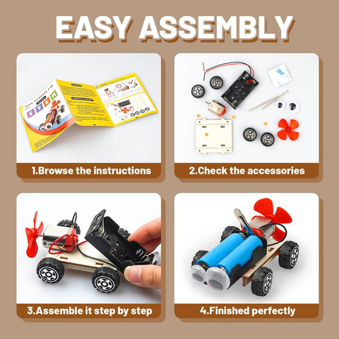 Step-by-step assembly guide for Wind Powered Cars Kit For Kids Ages 8 To 12, Six Wood Building Crafts Cars Set shown in four stages.