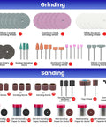 652 Piece Rotary Tool Accessory Kit For Dremel And Compatible Brands featuring grinding wheels and sanding bands.