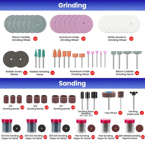 652 Piece Rotary Tool Accessory Kit For Dremel And Compatible Brands featuring grinding wheels and sanding bands.