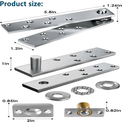 Heavy Duty Door Pivot Hinge For Wood Doors And Bookcases Hidden Invisible Pivot Hinge With 360 Degree Rotation Stainless Steel Rustproof And Able To Support Up To 300 Lbs Ideal For Concealed Hinges By Zishengho, shown in parts with size dimensions labeled.