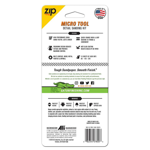 MicroZip Sander Kit packaging back displaying product details and features.
