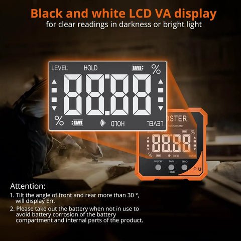 Heavy Duty Digital Angle Finder Torpedo Level Featuring A Dead On Magnetic Mount Plus Super Precise Zero To Ninety Degree Readings for clear LCD display