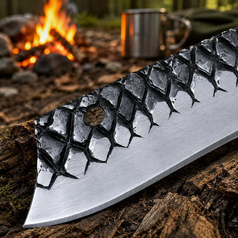 Close-up of Cowboy Style Fixed Blade Knife with Resin Handle for Camping, Ranch Work, and Hunting, against campfire backdrop