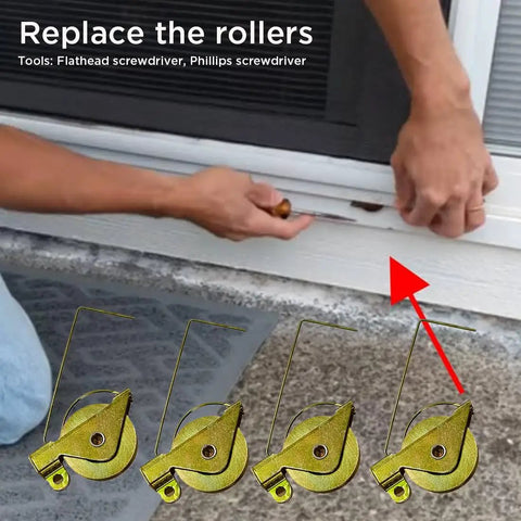 Four Pack One And One Quarter Inch Sliding Screen Door Wheel Replacements With Tension Springs installed on door